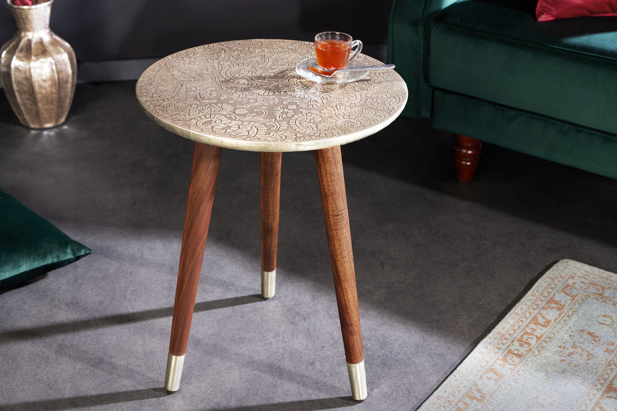 Table d’appoint design ALCAZAR 50cm métal argenté antique bois de manguier fait main ronde