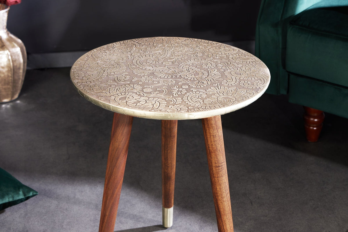 Table d’appoint design ALCAZAR 50cm métal argenté antique bois de manguier fait main ronde