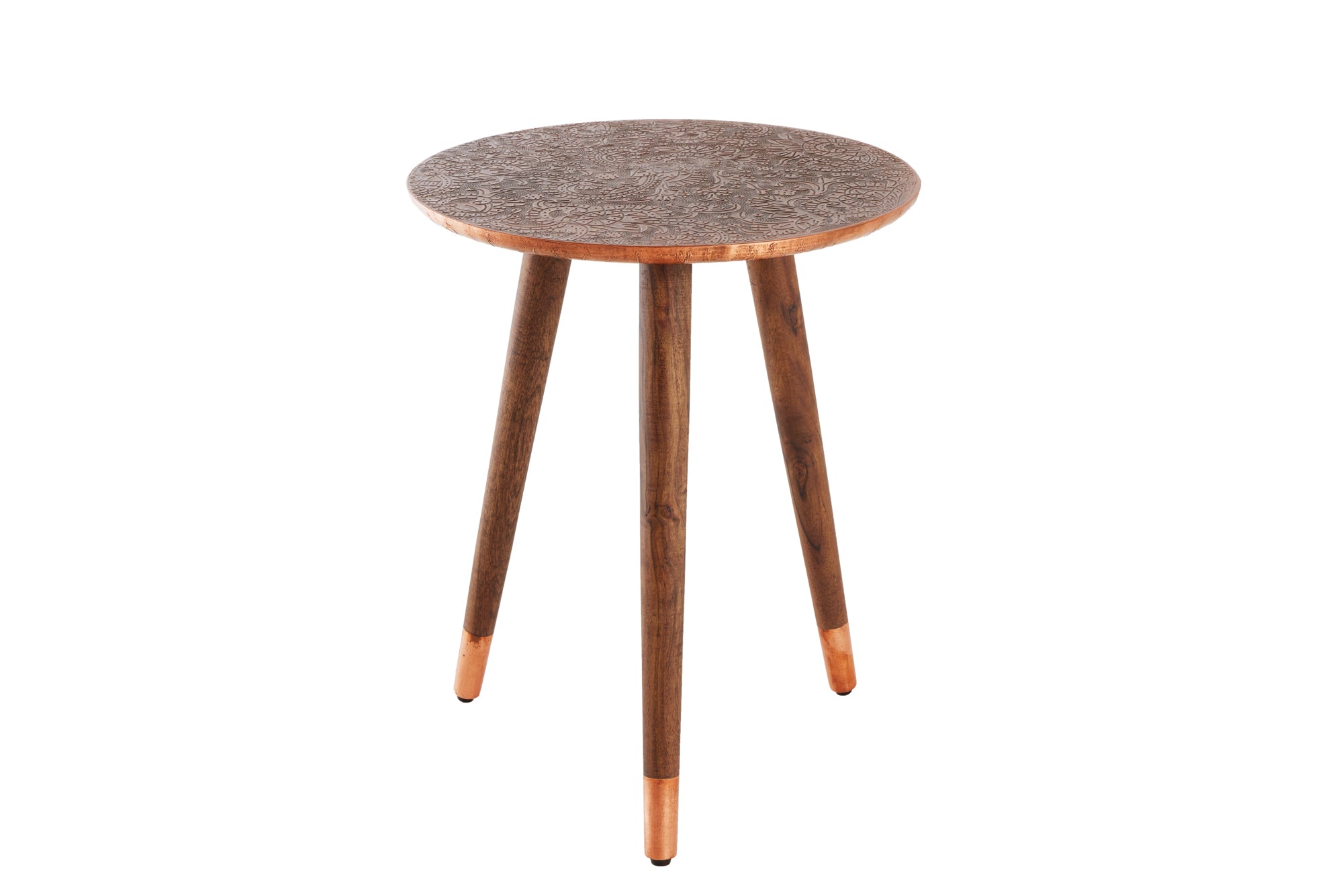 ALCAZAR mesa auxiliar de diseño 50cm cobre antiguo metal mango madera redonda hecha a mano