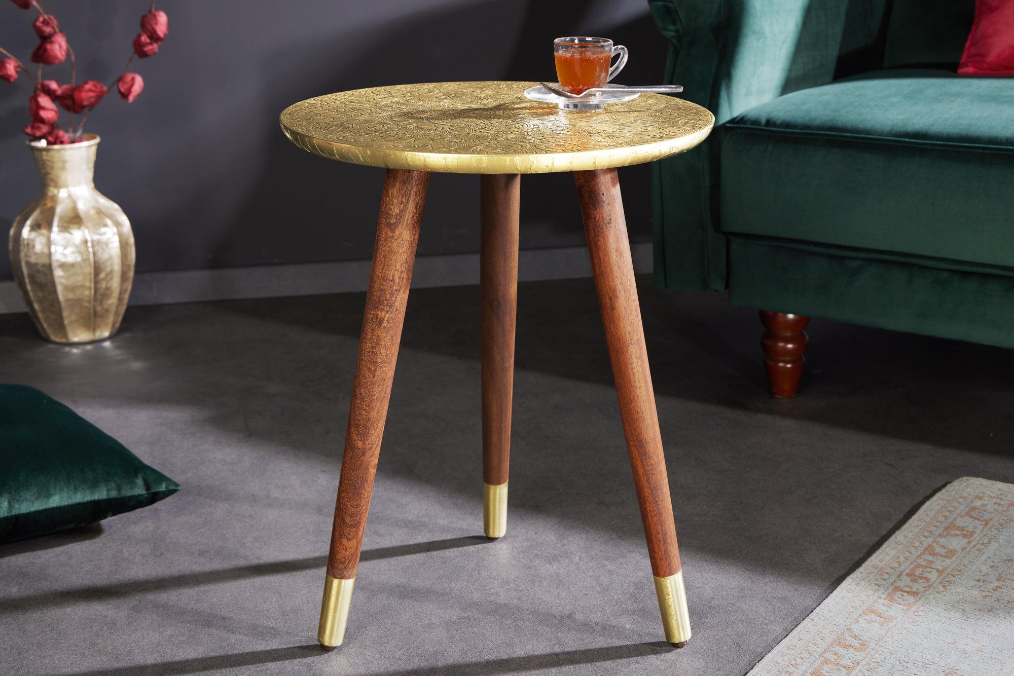 ALCAZAR mesa auxiliar de diseño 50cm metal dorado envejecido madera de mango redonda hecha a mano