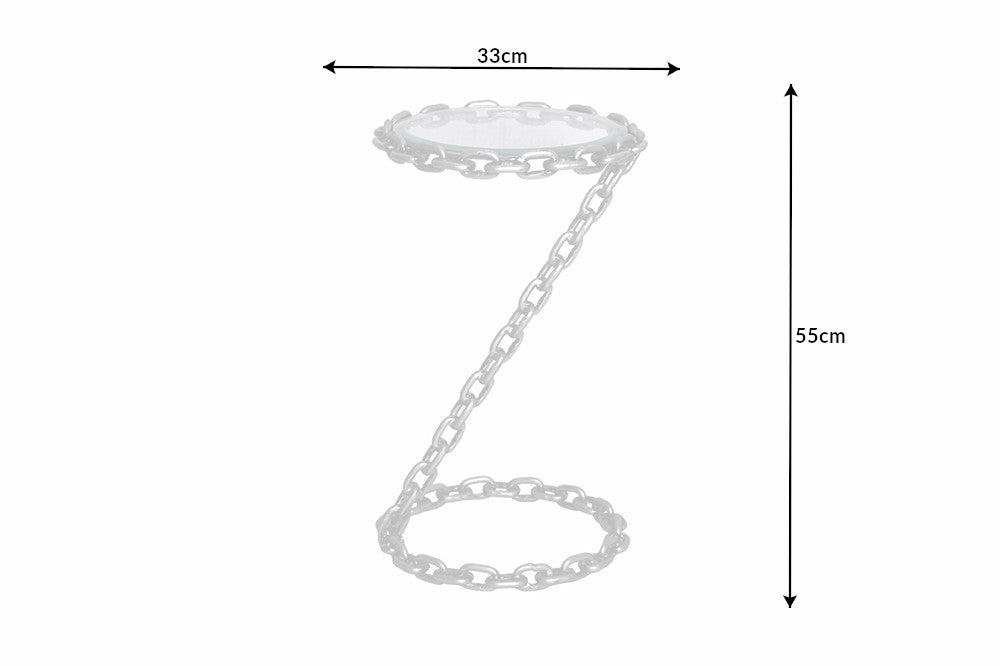CHAINS Mesa auxiliar de metal plateado de 35 cm hecha a mano, tapa redonda de cristal, marco de cadena
