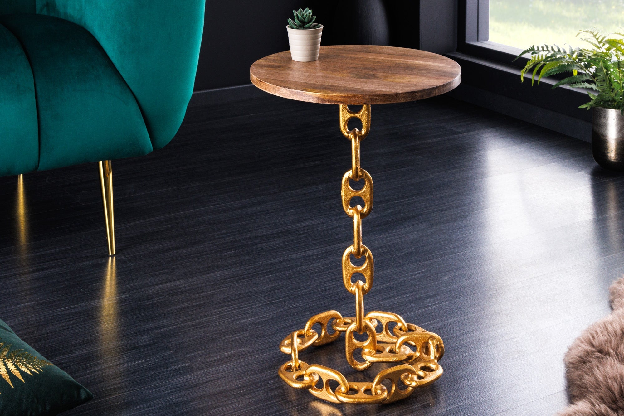 CHAINS mesa auxiliar de diseño 55cm en madera de mango dorada, marco de cadena de metal redondo macizo hecho a mano