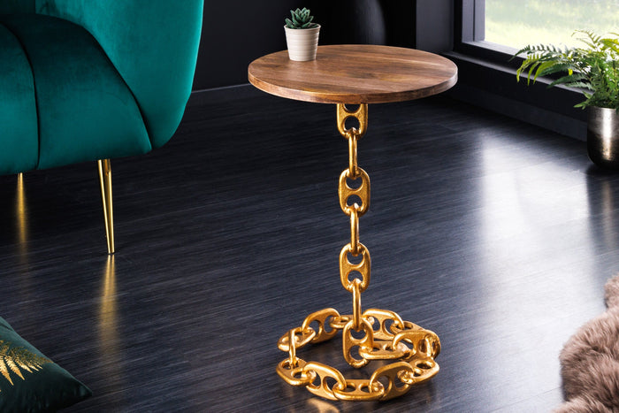Table d'appoint design CHAINS 55cm en bois de manguier doré, cadre en chaîne ronde en métal fait main, massif
