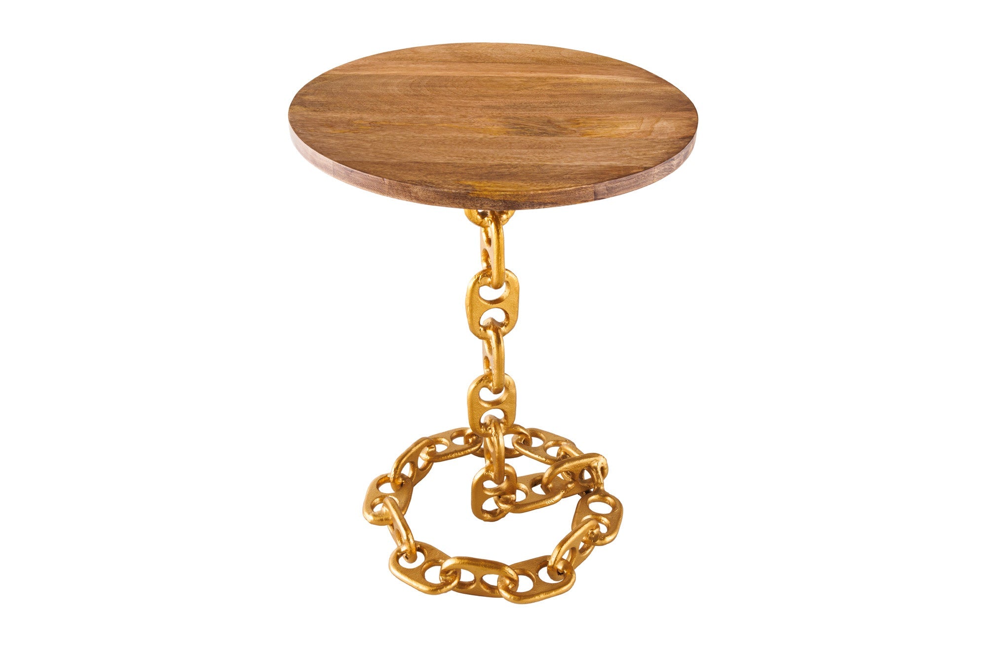 CHAINS mesa auxiliar de diseño 55cm en madera de mango dorada, marco de cadena de metal redondo macizo hecho a mano