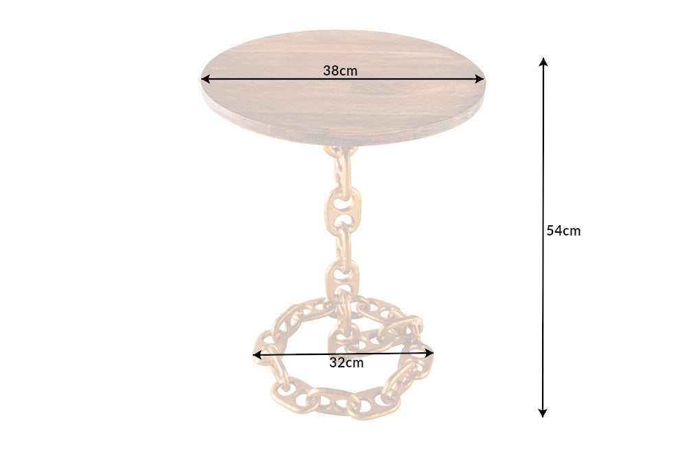 CHAINS mesa auxiliar de diseño 55cm en madera de mango dorada, marco de cadena de metal redondo macizo hecho a mano