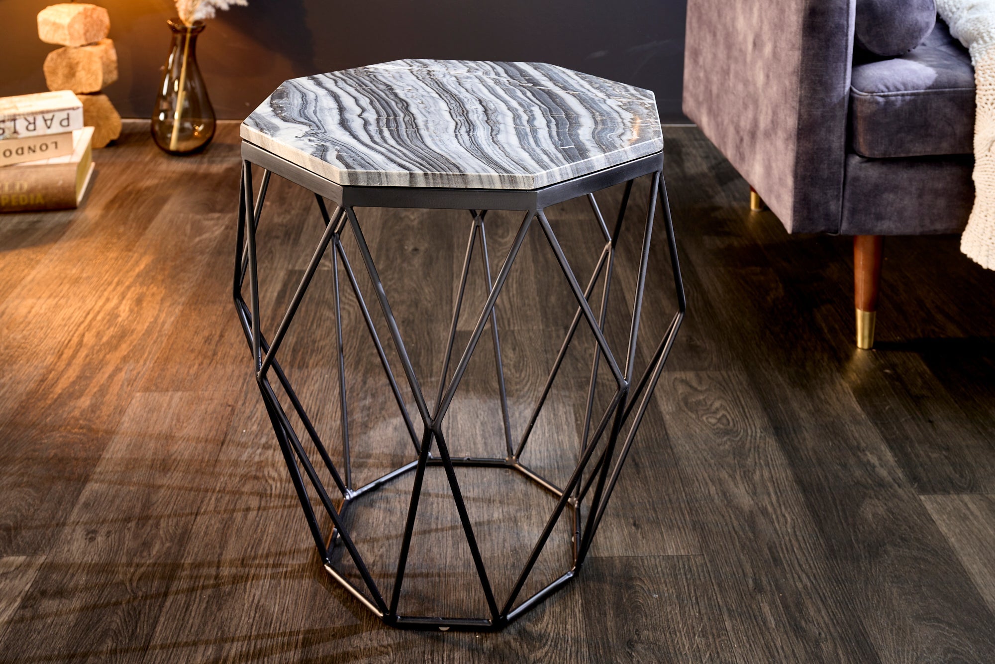 Mesa auxiliar de diseño DIAMOND 50cm mármol gris metal negro