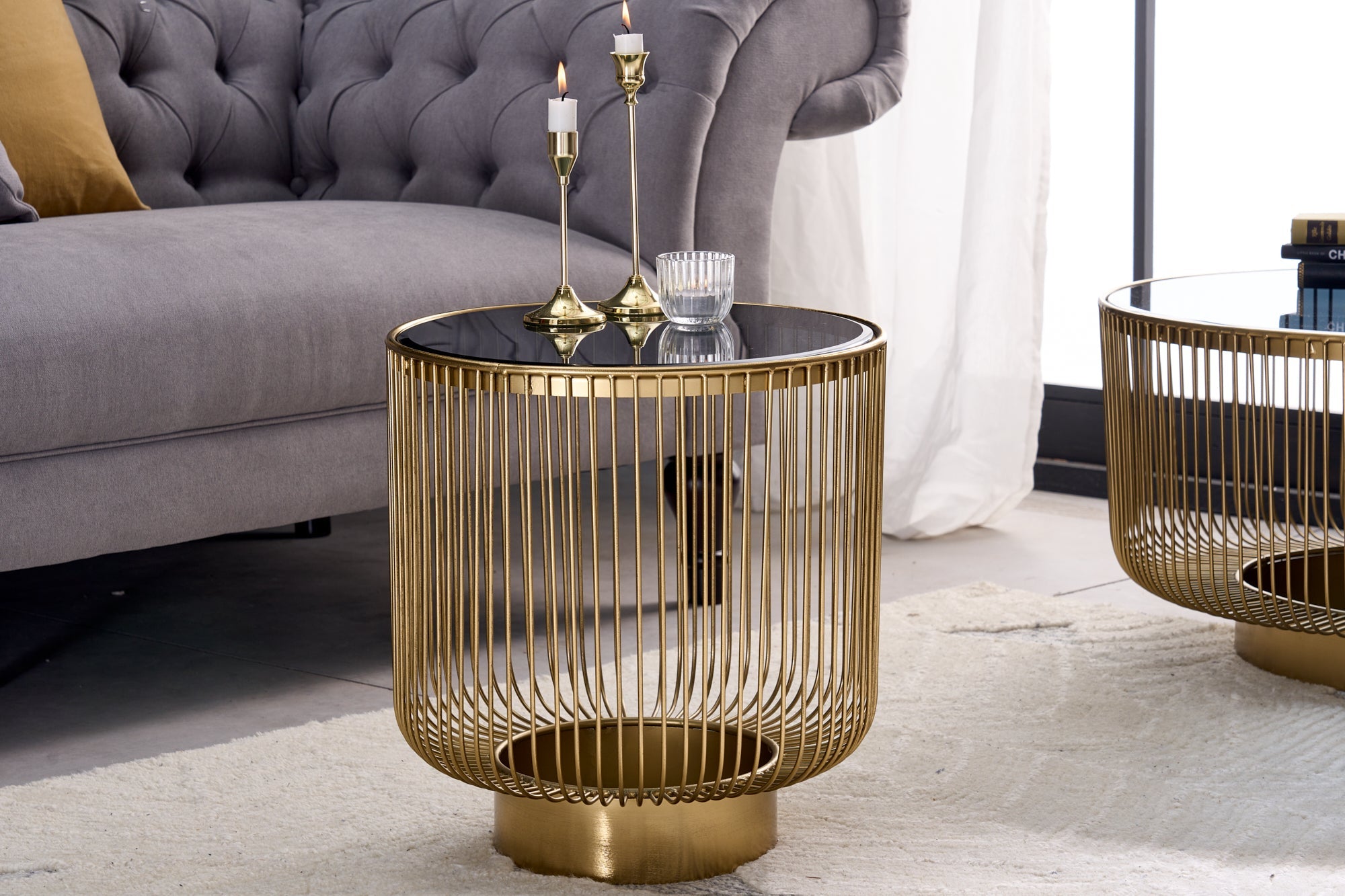 VARIATION mesa auxiliar diseño filigrana 50cm redonda metal dorado negro cristal hecho a mano