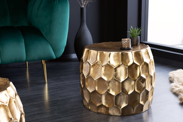 Table d'appoint design ORGANIC ORIENT 55cm table de chevet ronde en métal doré martelé fait main