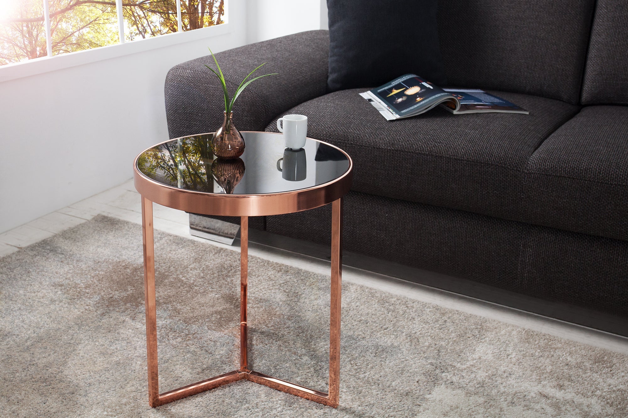 Mesa auxiliar de diseño Original ASTRO 50 cm cobre metal negro tapa de cristal mesa de centro redonda