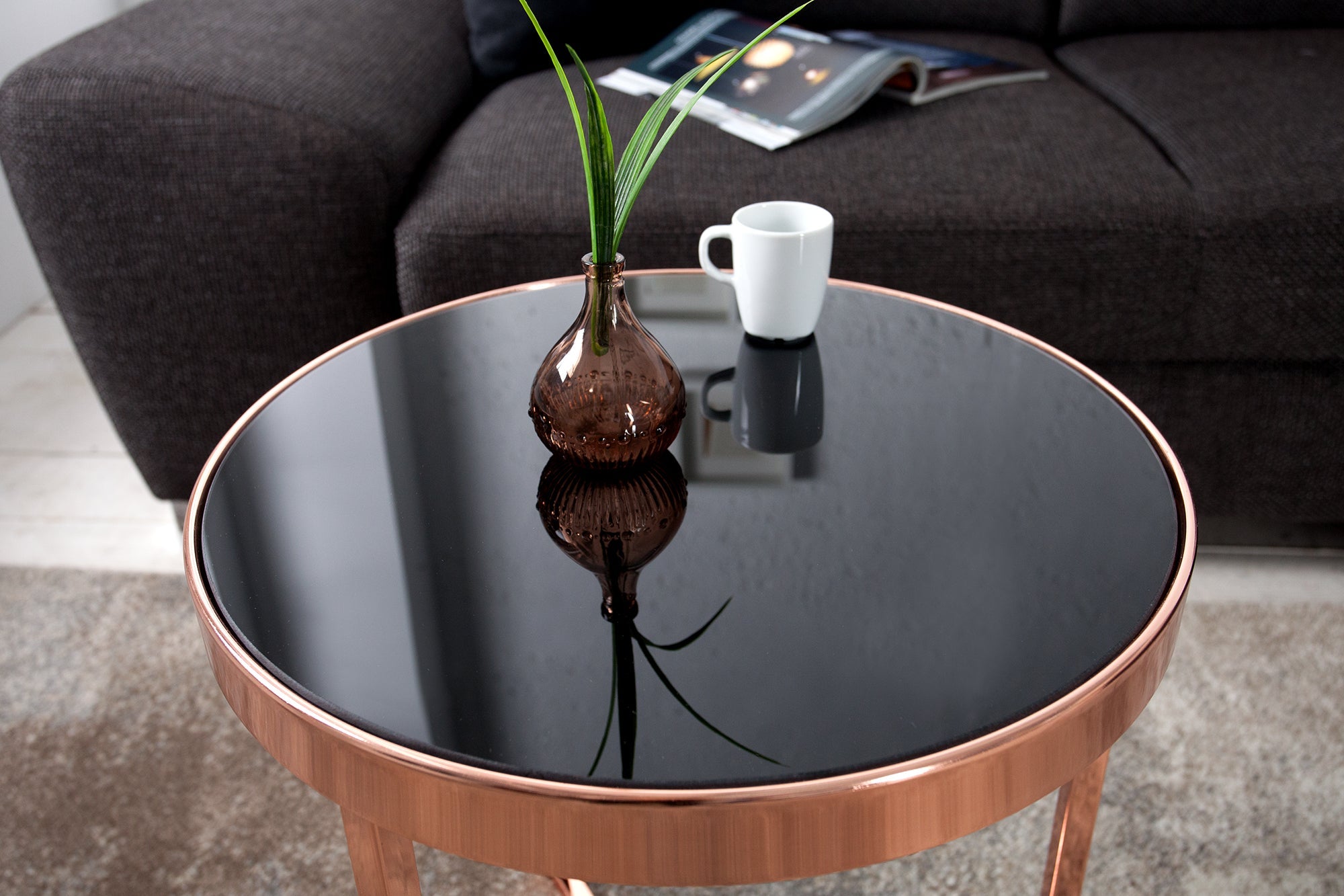 Mesa auxiliar de diseño Original ASTRO 50 cm cobre metal negro tapa de cristal mesa de centro redonda