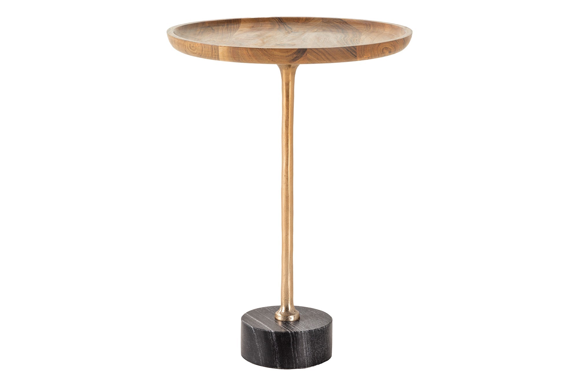 Mesa auxiliar de diseño TRAYFUL 55cm madera maciza de acacia redonda base de mármol negro dorado
