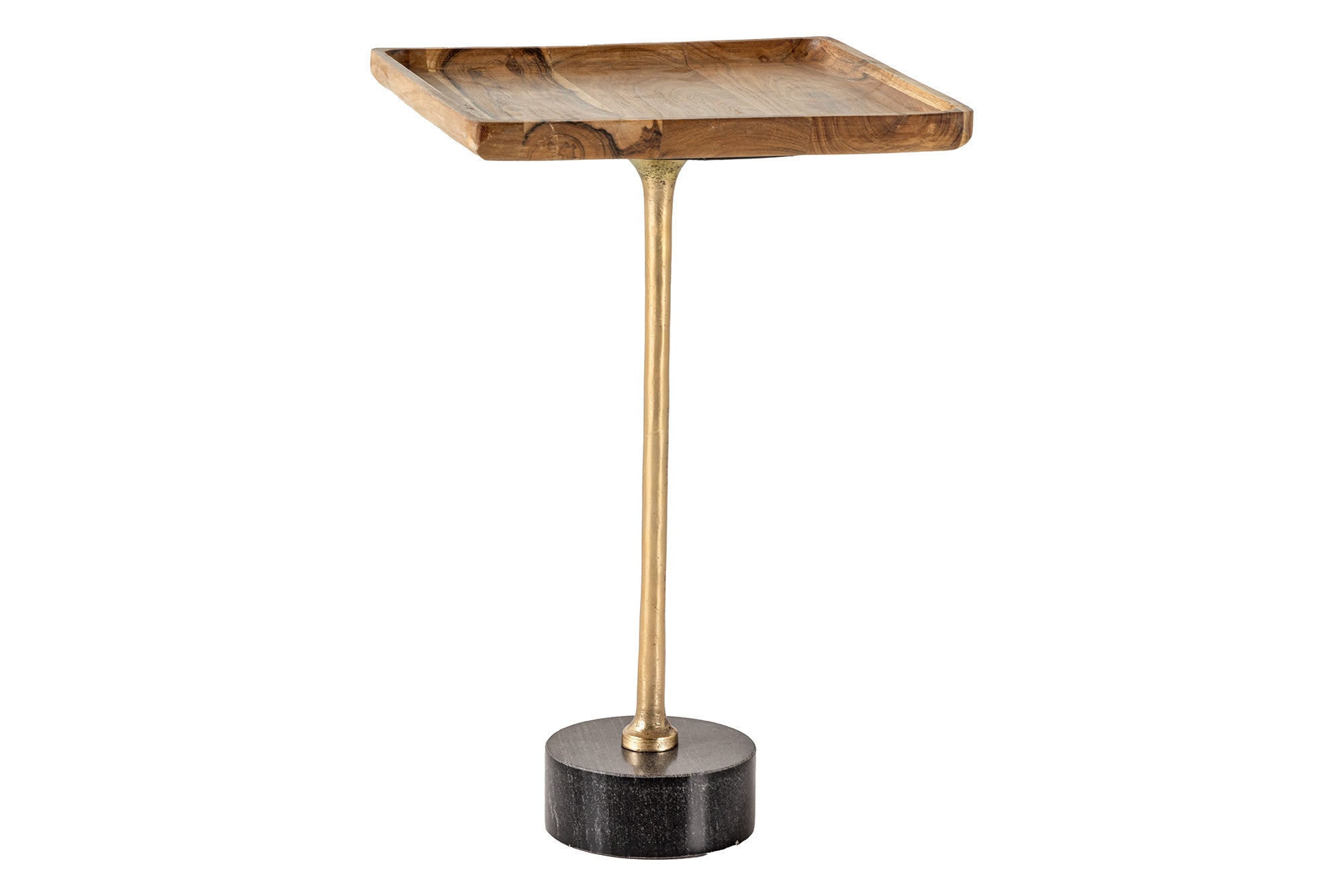 Mesa auxiliar de diseño TRAYFUL 55cm madera maciza de acacia natural base de mármol negro metal dorado