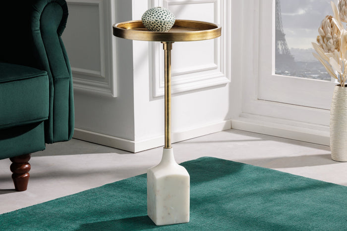 Table d'appoint design TRAYFUL 60cm base marbre blanc doré antique fait main ronde