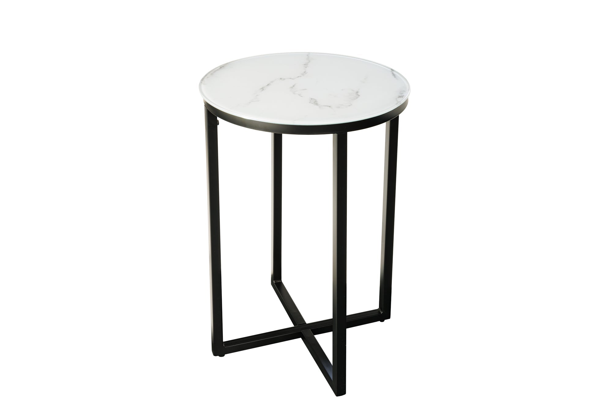 Elegante mesa auxiliar BOUTIQUE 40cm redonda blanca de cristal con decoración de mármol y marco negro
