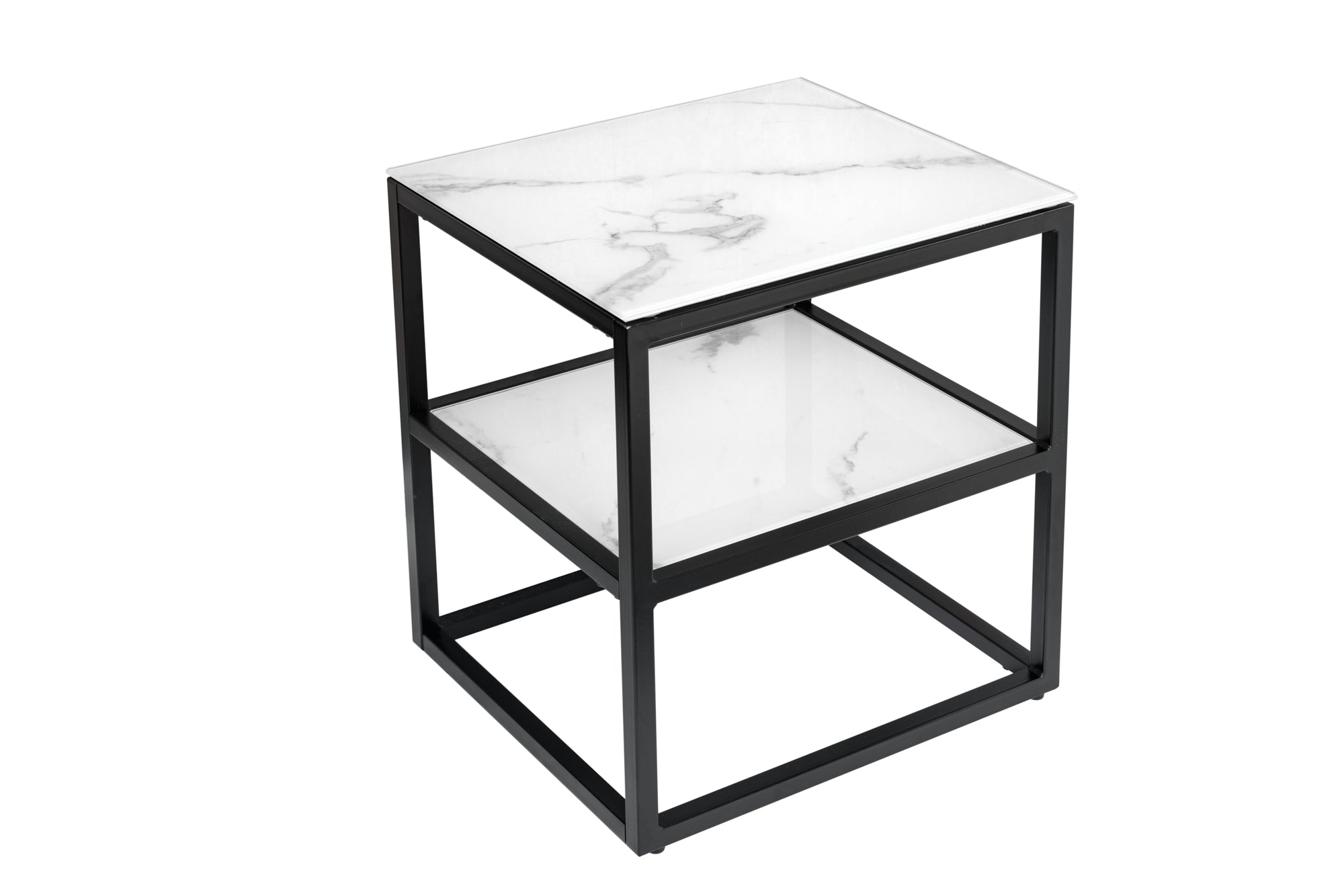 Elegante mesa auxiliar BOUTIQUE, 45cm, cristal blanco, decoración de mármol, marco negro