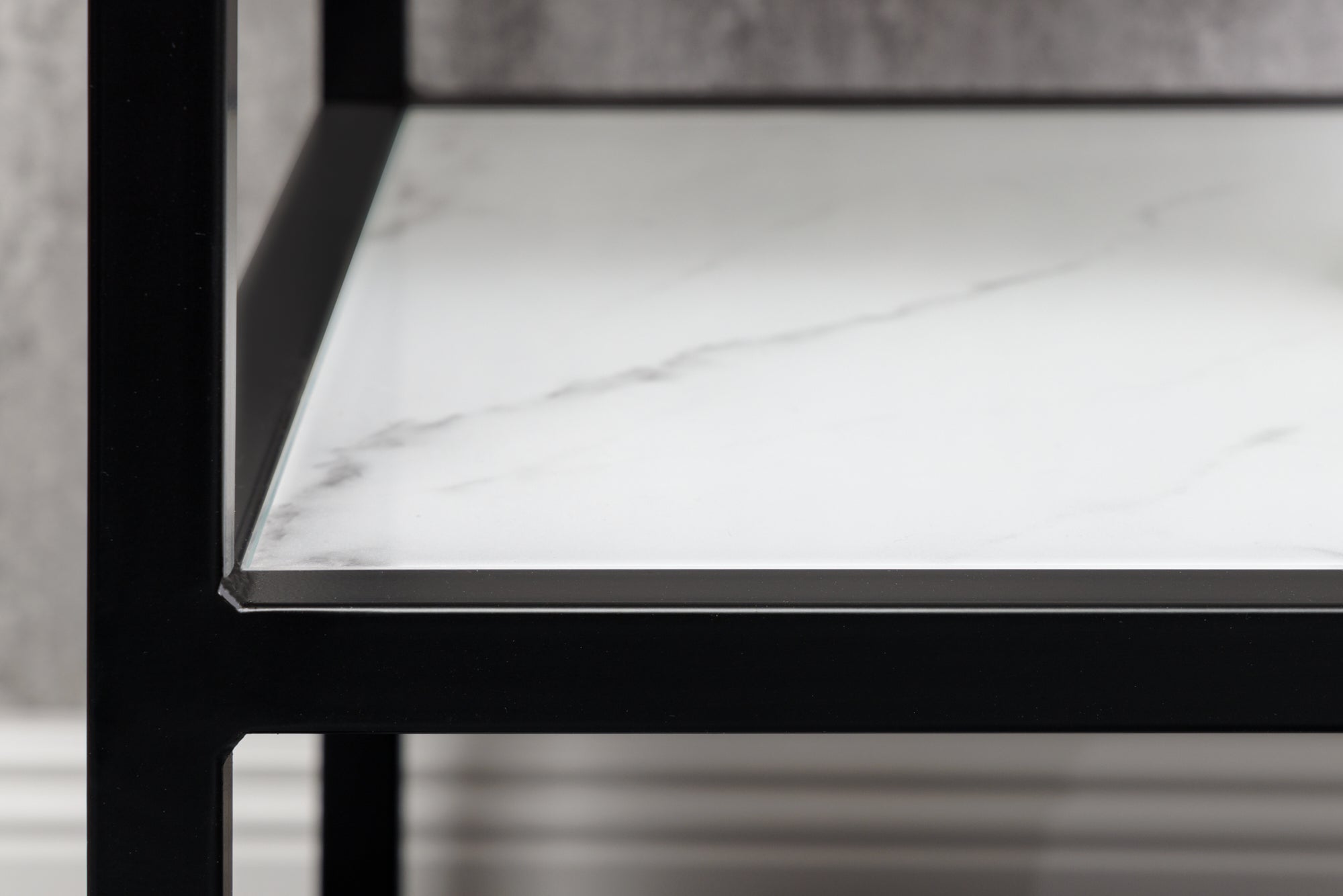 Table d'appoint élégante BOUTIQUE 45cm verre cristal blanc décor marbre cadre noir