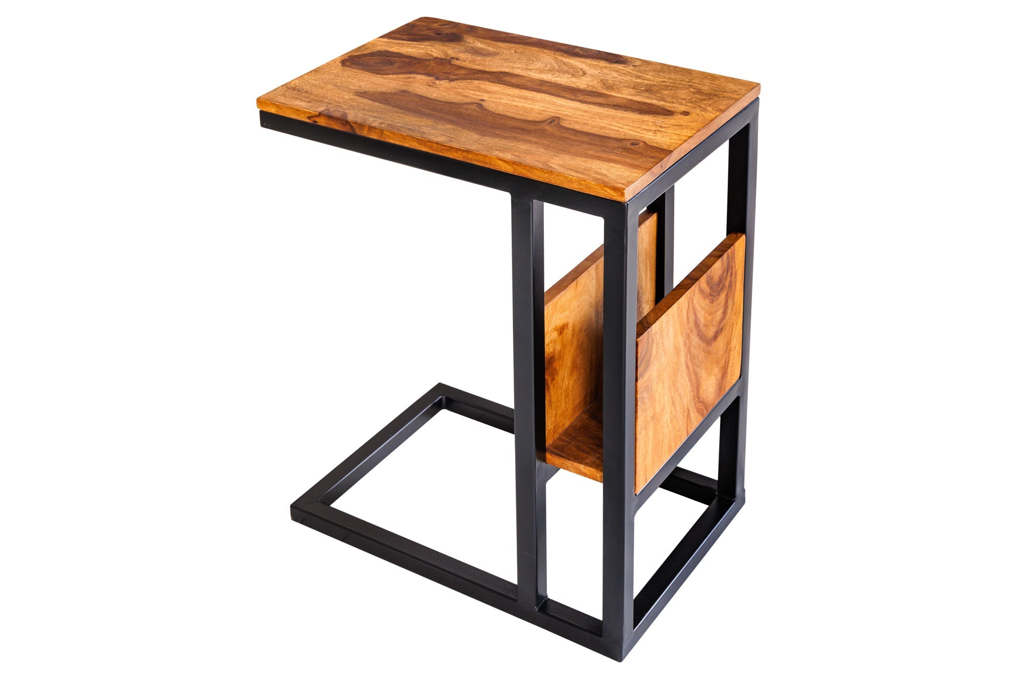 CONCIERGE Mesa auxiliar de madera maciza de 60 cm con acabado en piedra Sheesham marrón y espacio de almacenamiento