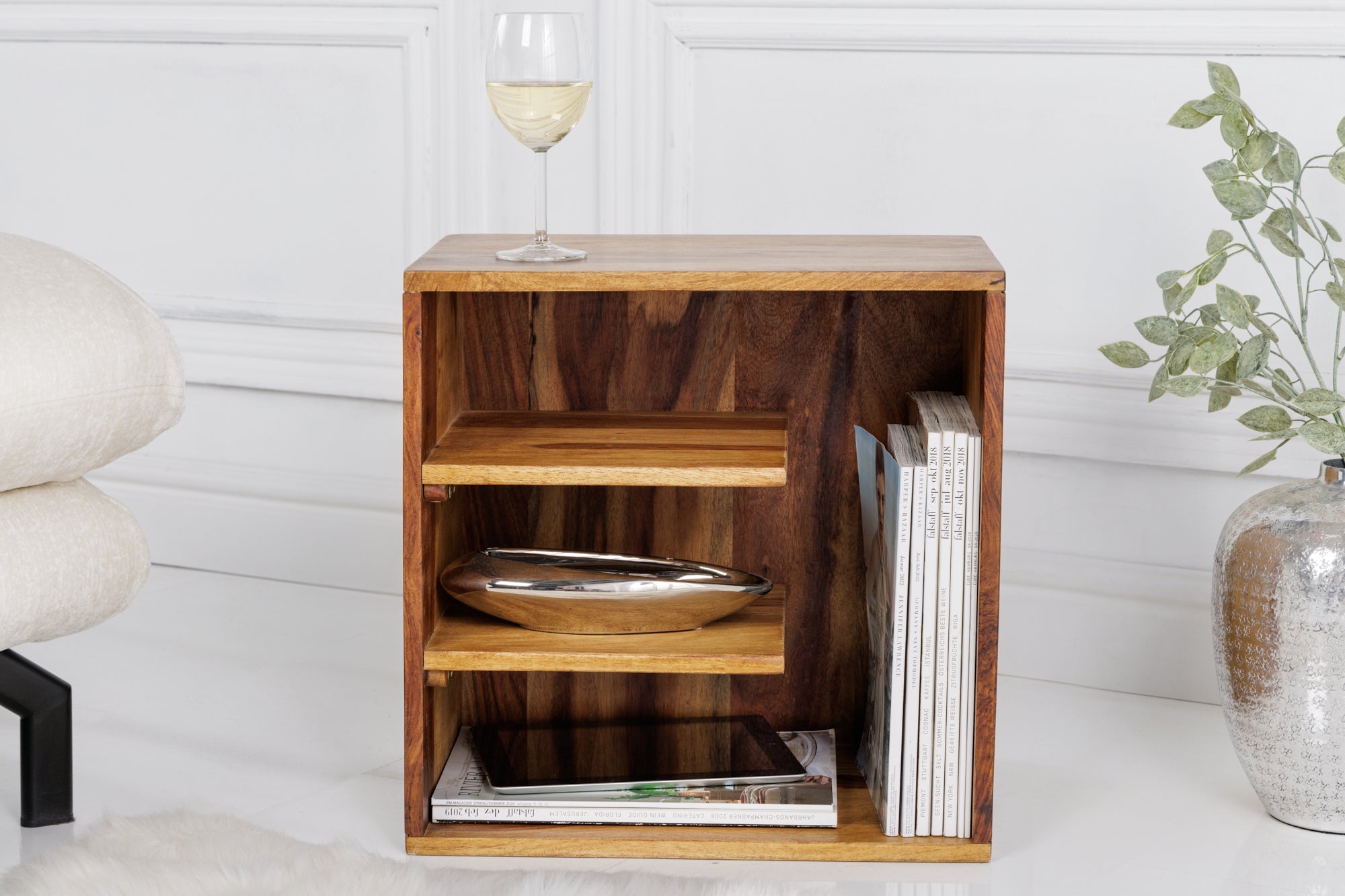 CUBUS mesa auxiliar de madera maciza 45 cm marrón Sheesham acabado piedra estantería mesita de noche