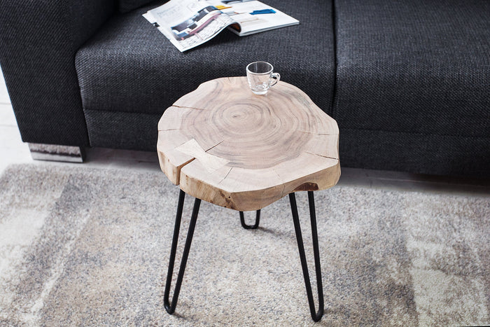 Table d'appoint en bois massif GOA 40cm tronc d'acacia naturel pieds épingle à cheveux en métal noir