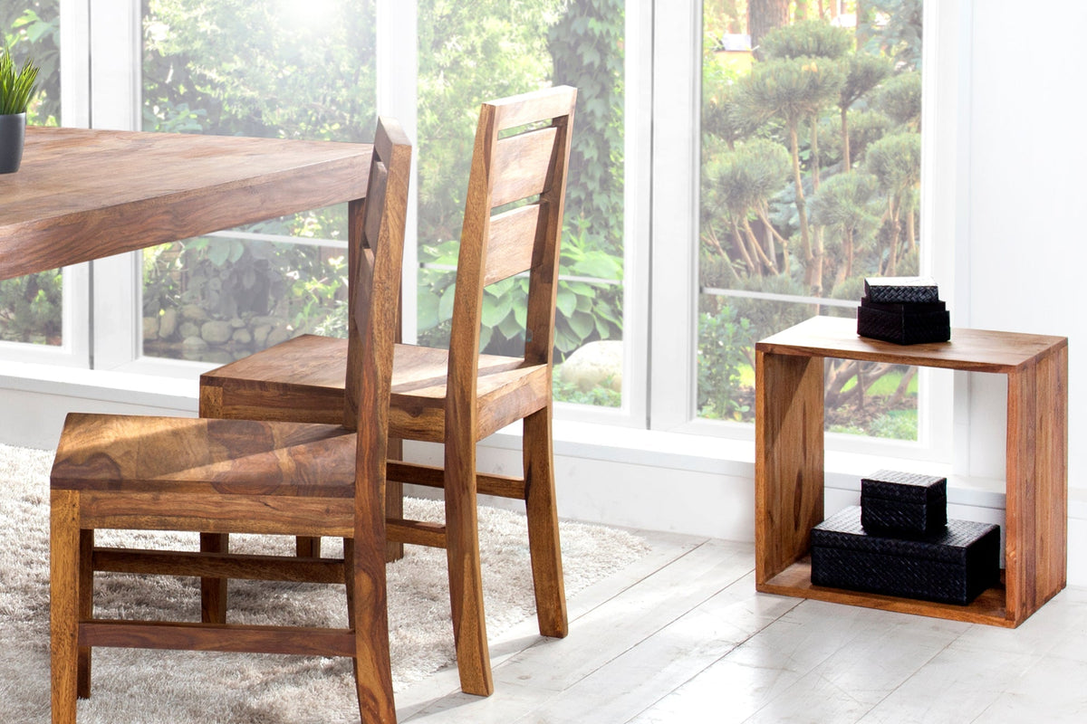 Table d’appoint en bois massif MAKASSAR 45cm marron finition pierre Sheesham étagère fait main