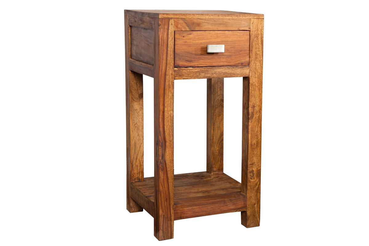 Table d’appoint en bois massif MAKASSAR 70cm finition pierre Sheesham marron avec espace de rangement