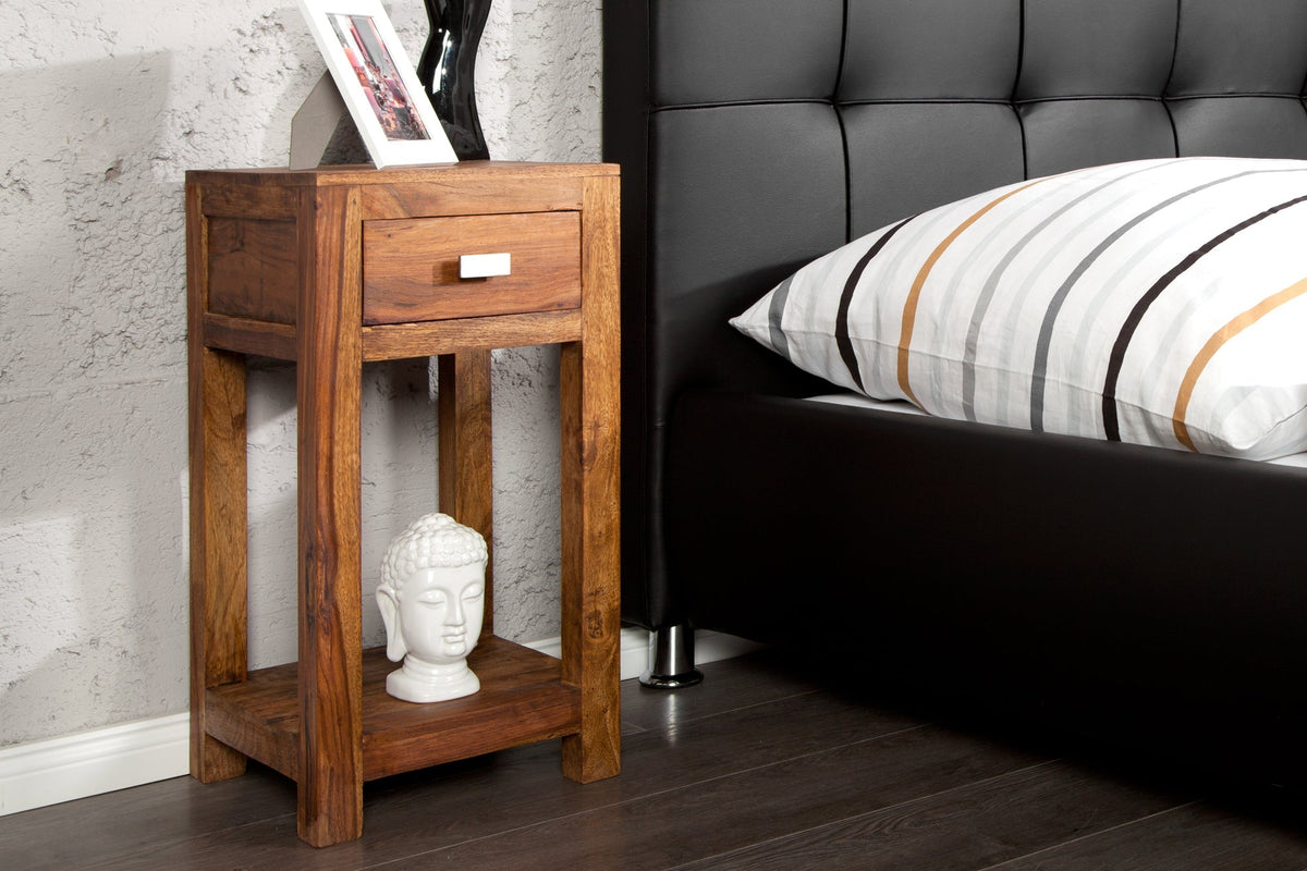 Table d’appoint en bois massif MAKASSAR 70cm finition pierre Sheesham marron avec espace de rangement