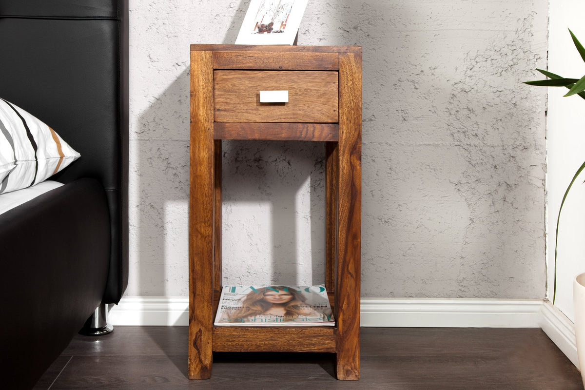 Table d’appoint en bois massif MAKASSAR 70cm finition pierre Sheesham marron avec espace de rangement