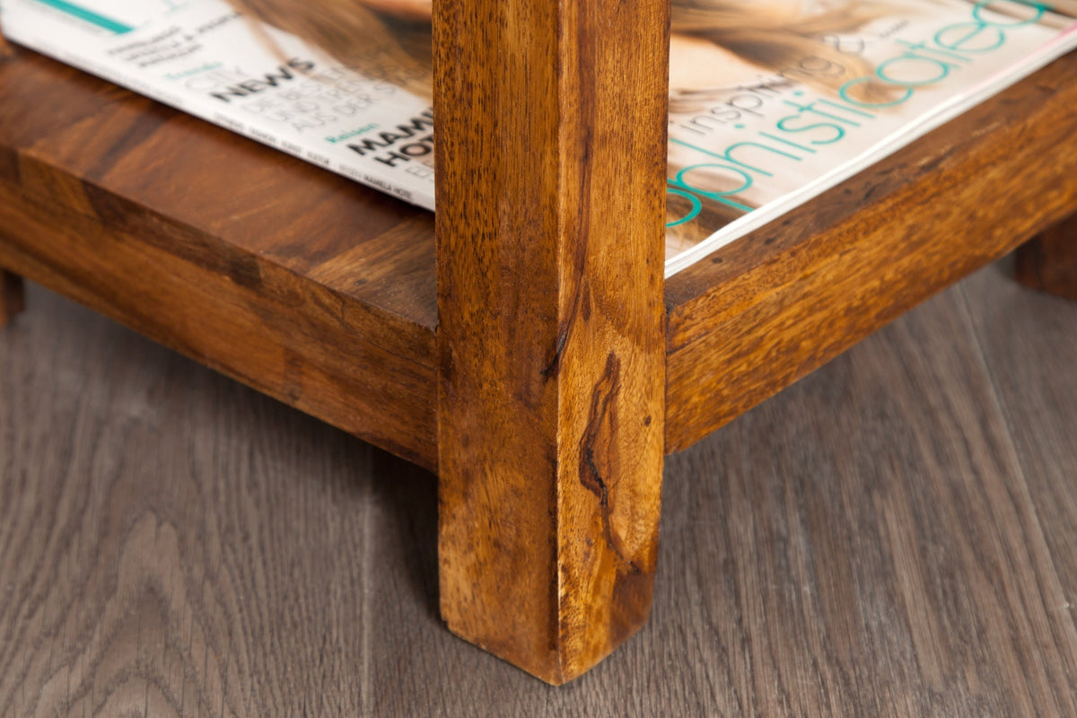 Table d’appoint en bois massif MAKASSAR 70cm finition pierre Sheesham marron avec espace de rangement