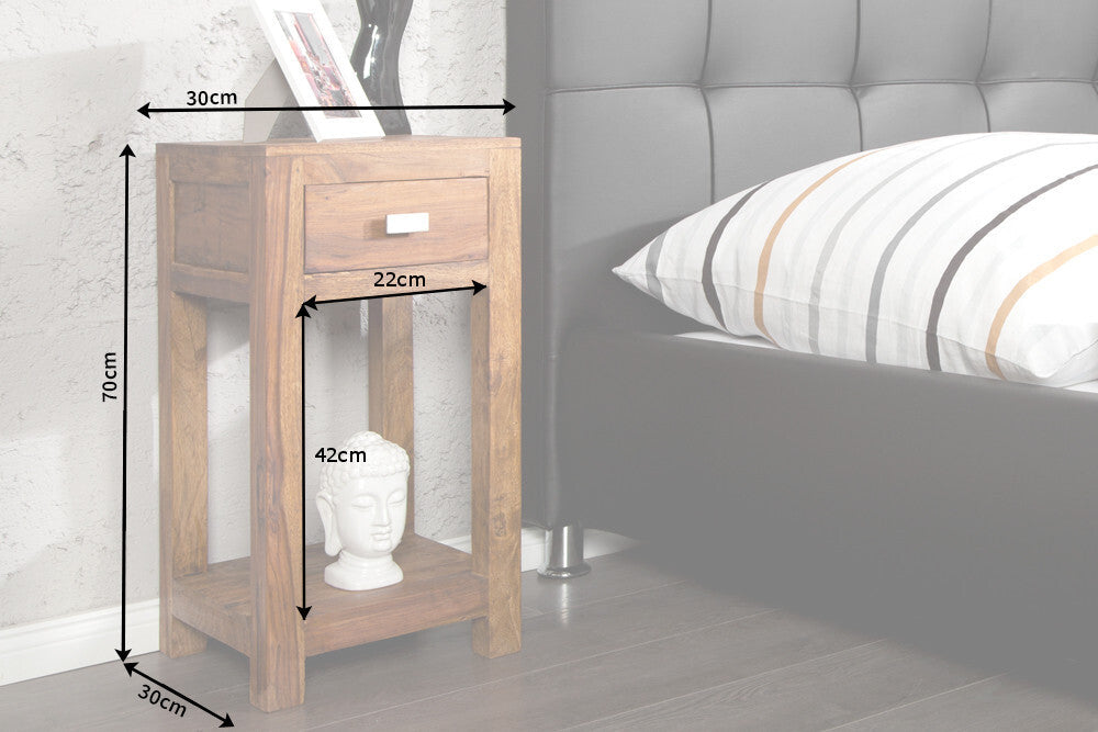 Table d’appoint en bois massif MAKASSAR 70cm finition pierre Sheesham marron avec espace de rangement