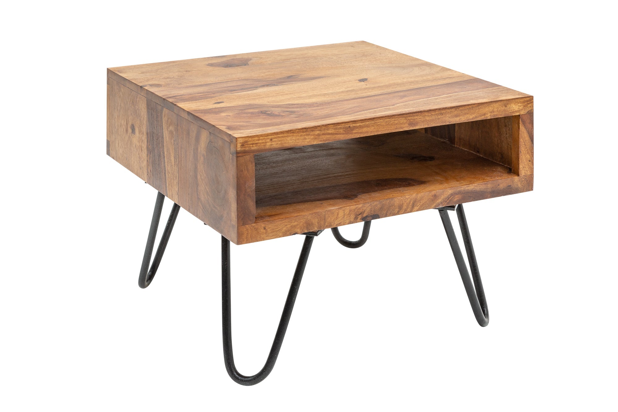 SCORPION mesa auxiliar de madera maciza 45cm marrón Acabado piedra Sheesham Patas de horquilla Espacio de almacenamiento