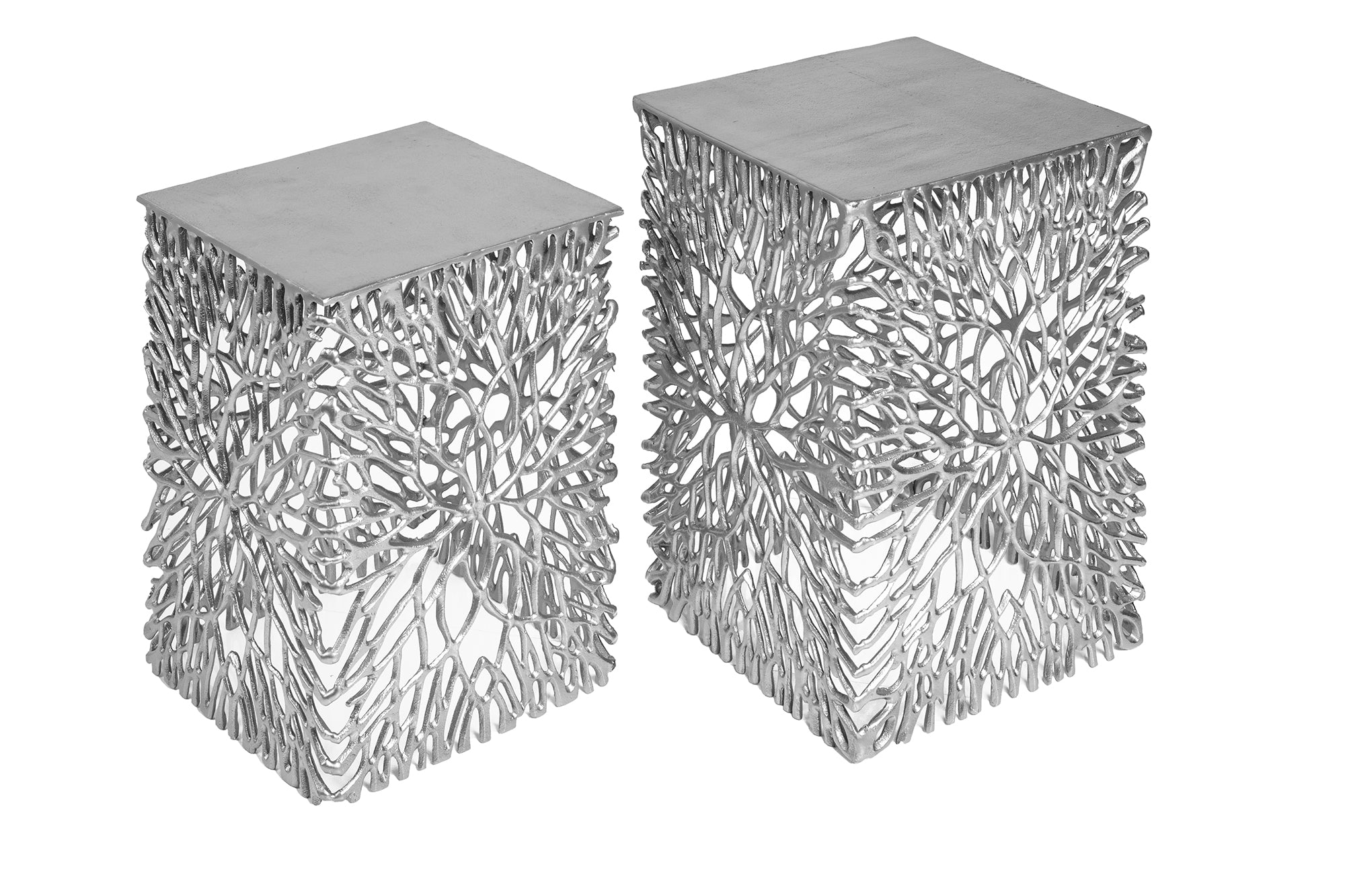 Mesa auxiliar de filigrana, set de 2, HOJA ABSTRACTA, 45 cm, plata, hecha a mano