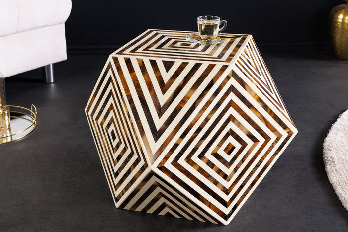 Table d'appoint en marqueterie d'os HARMONY NATURE 60 cm marron blanc incrustation artisanale