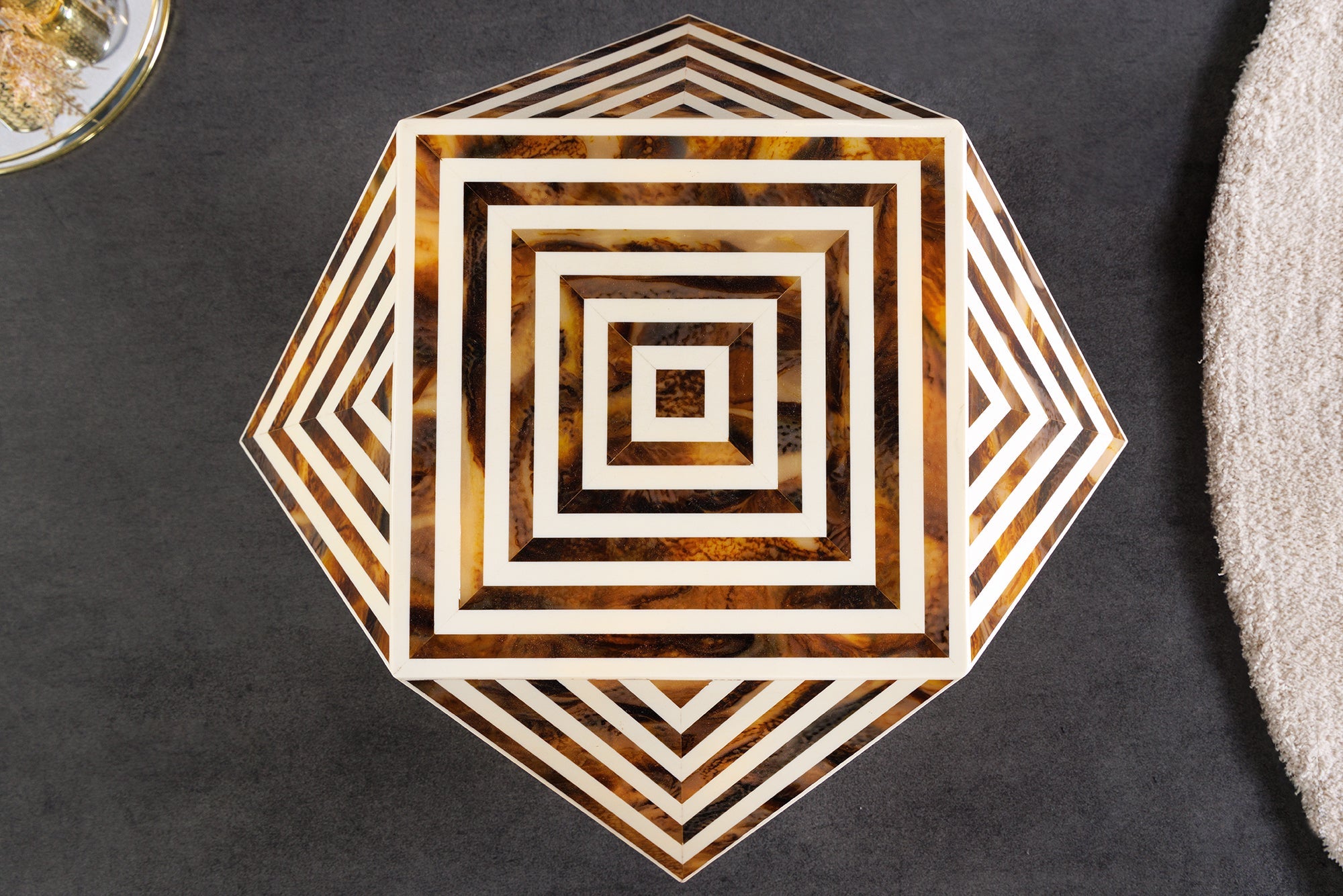 HARMONY NATURE Mesa auxiliar de marquetería de hueso, 60 cm, marrón y blanca, marquetería artesanal