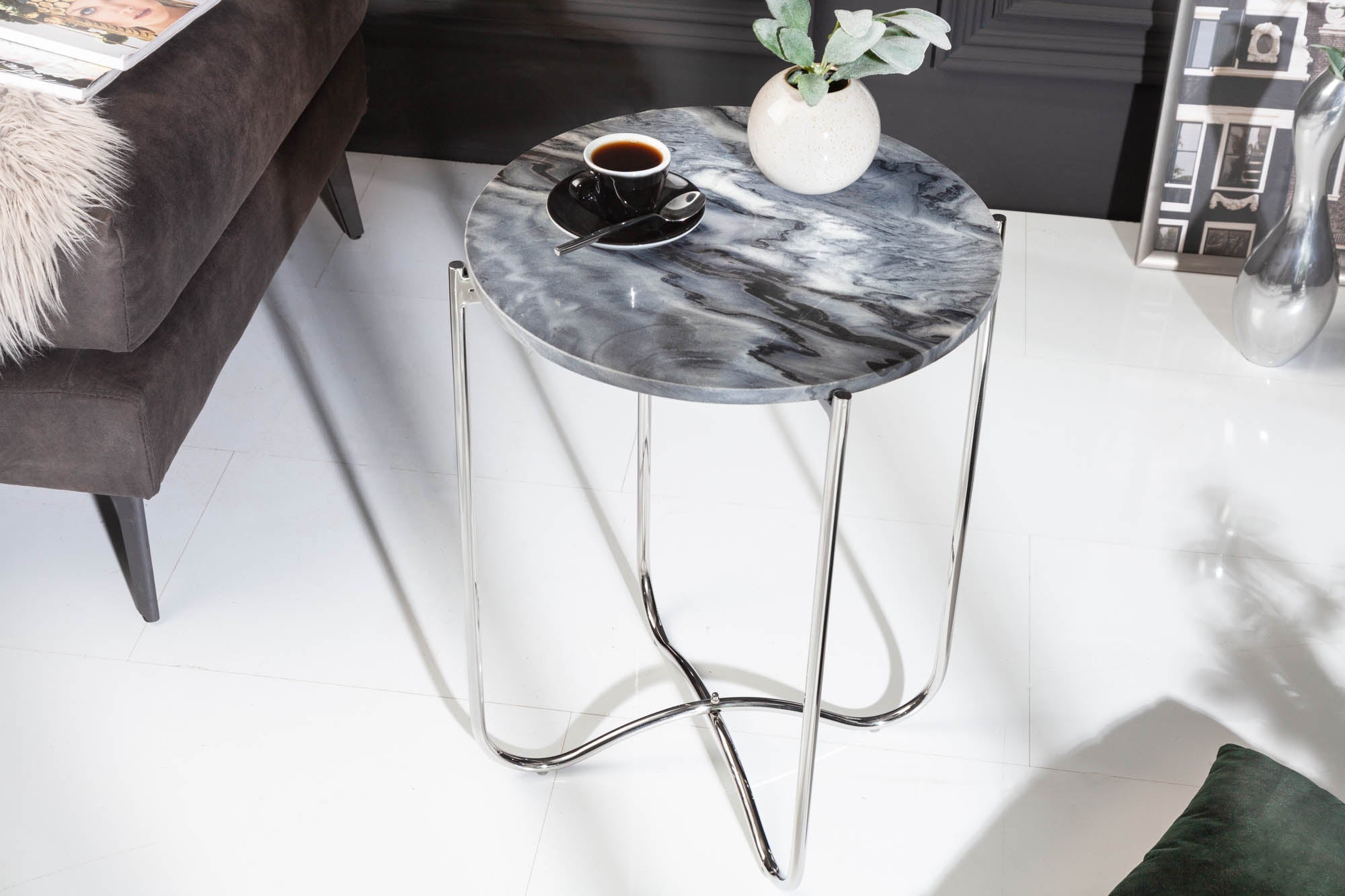 Exclusiva mesa auxiliar NOBLE III de 45 cm en mármol auténtico gris redondo de alta calidad