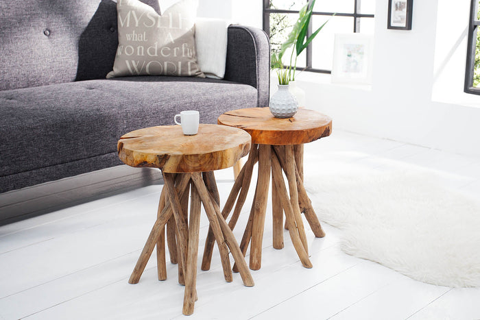 Table d'appoint exclusive ROOT 30cm tabouret rond en bois massif de teck naturel