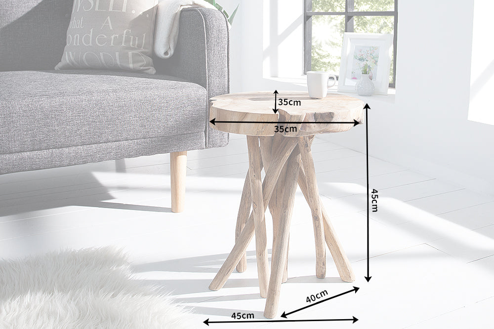 Exclusiva mesa auxiliar ROOT Taburete redondo de 30 cm de madera maciza de teca natural
