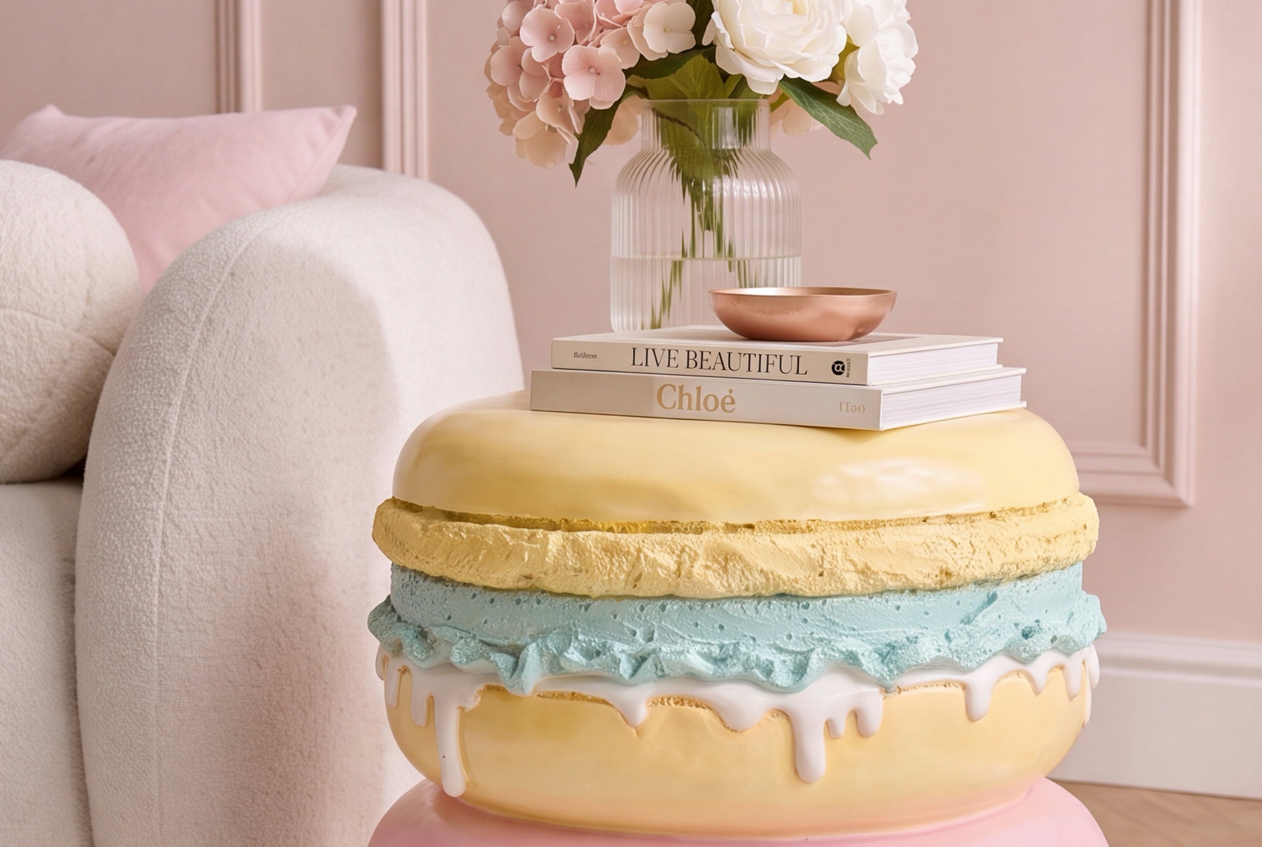 Table d’appoint extraordinaire MACARONS 50cm jaune rose en fibre de verre ronde fait main