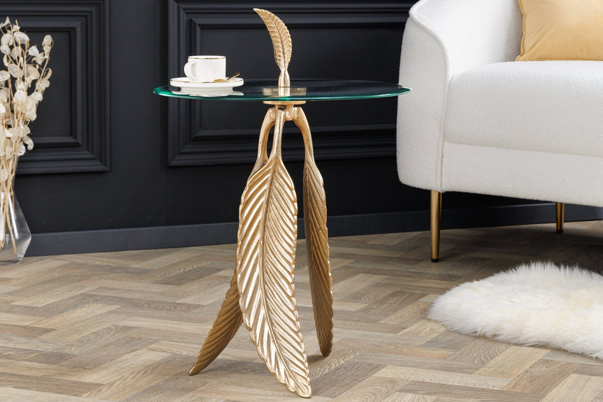 Table d’appoint extravagante FEATHER 65cm plateau en verre doré fait main ronde