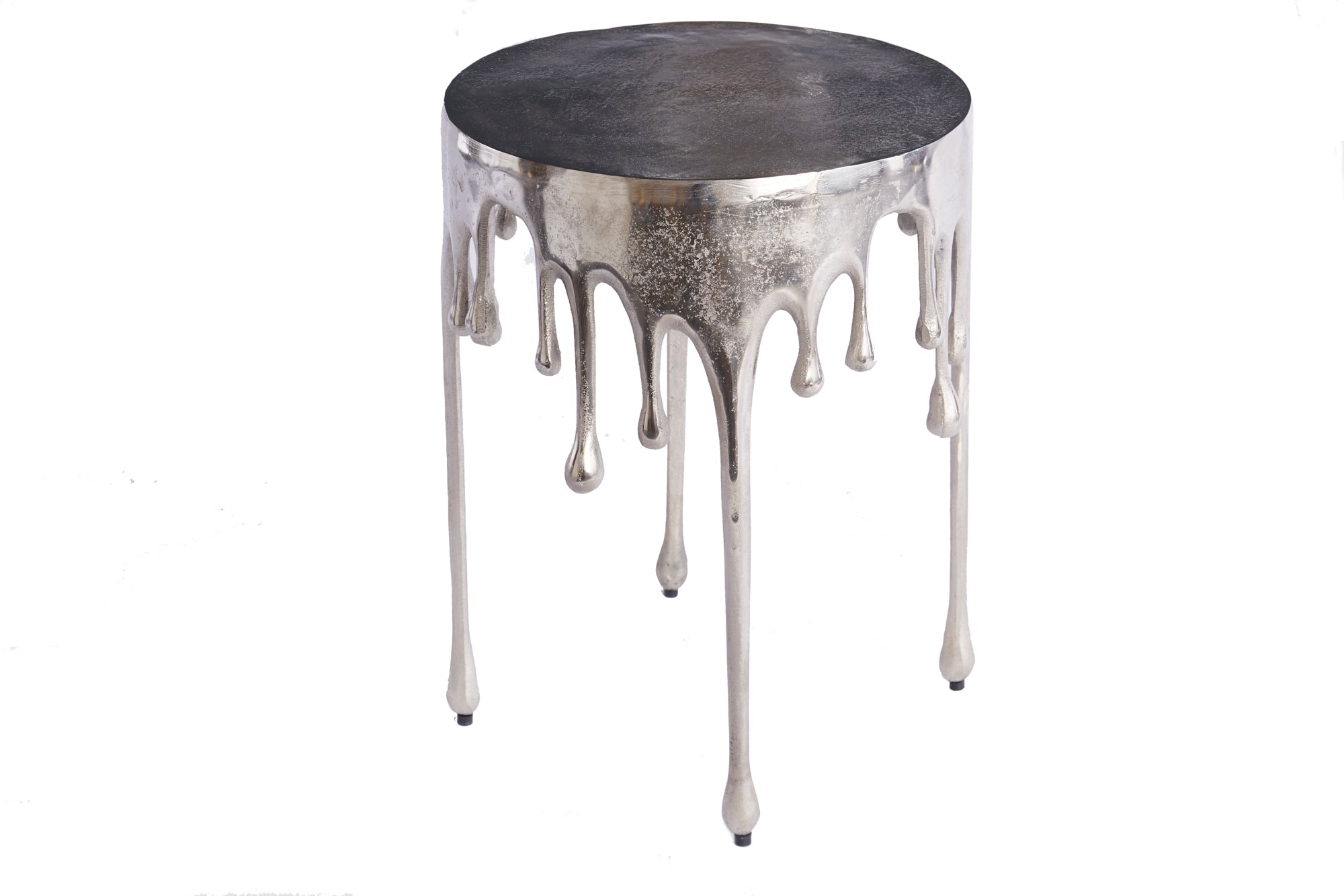 Extravagante mesa auxiliar redonda LIQUID LINE de 50 cm con diseño de gota metálica de aluminio