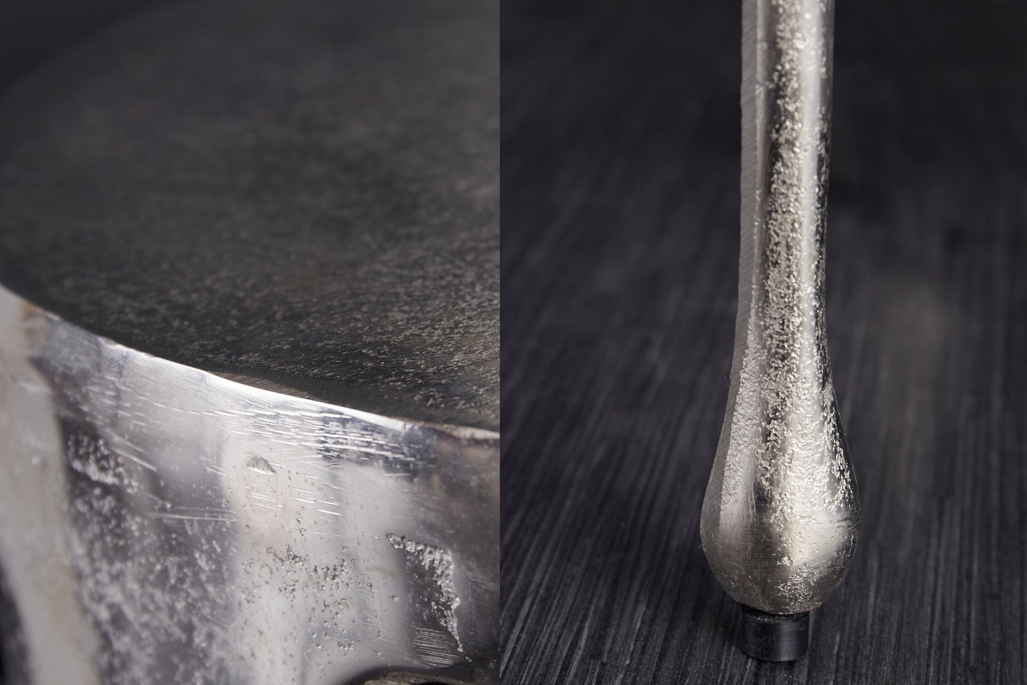 Extravagante mesa auxiliar redonda LIQUID LINE de 50 cm con diseño de gota metálica de aluminio