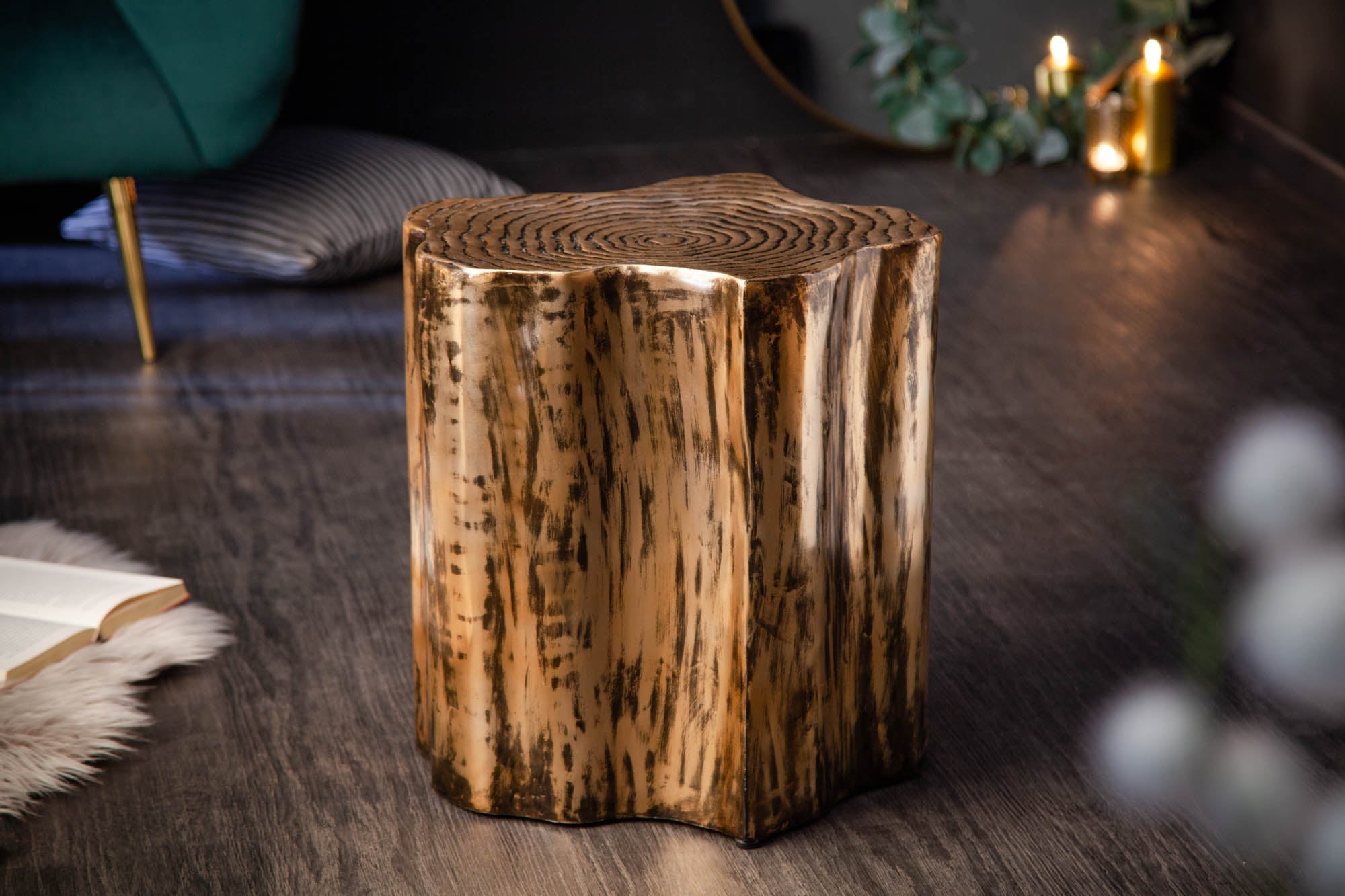 Table d’appoint extravagante ORGANIC ORIENT 45cm design tronc d’arbre en métal doré