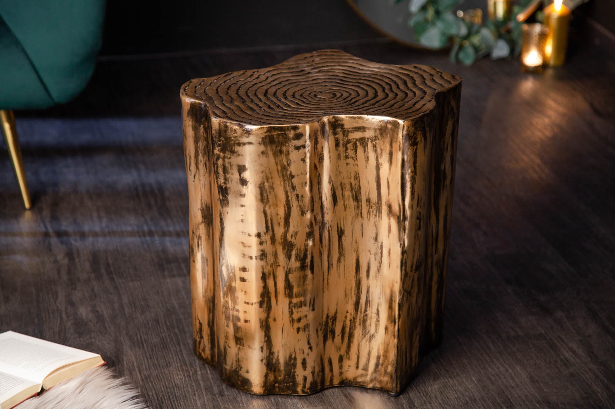 Extravagante mesa auxiliar BIO ORIENT 45cm diseño tronco de árbol de metal dorado