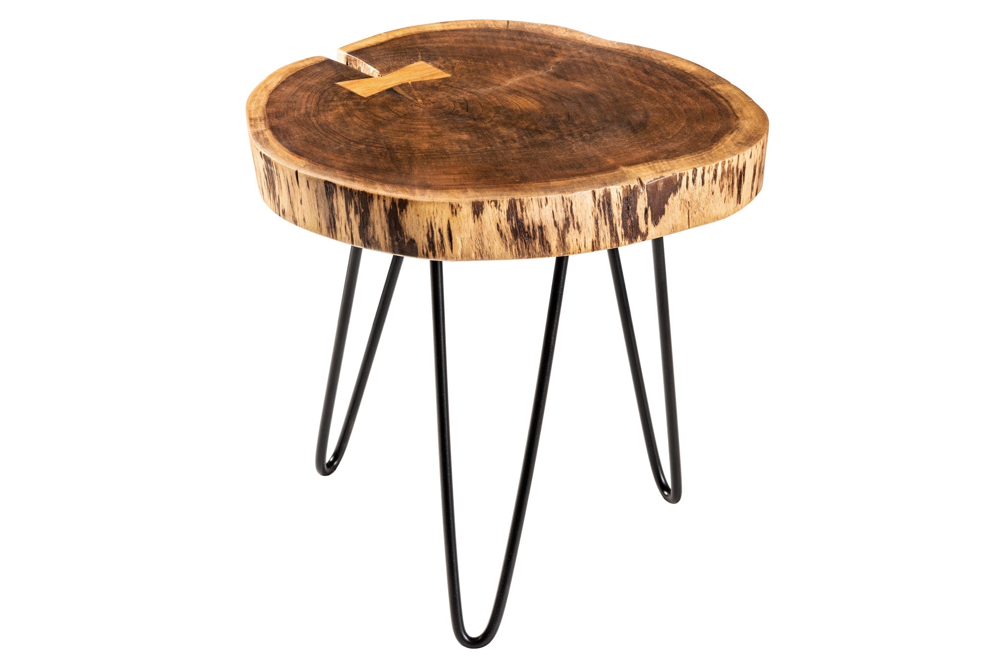 GOA Mesa auxiliar industrial de 40 cm de madera maciza de acacia natural, patas redondas de horquilla