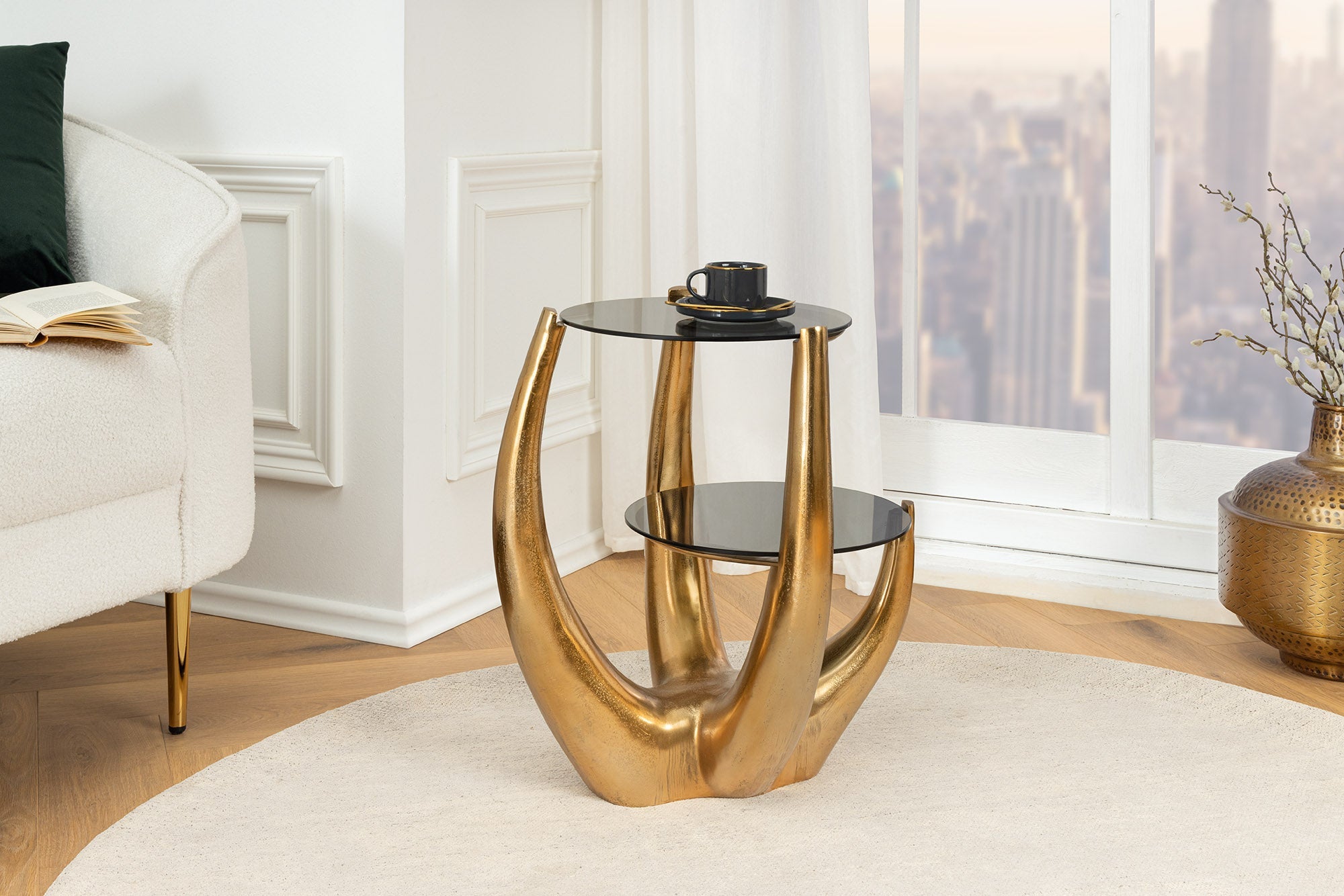 Table d'appoint LEVELS 50 cm en métal noir, verre noir antique, fait main
