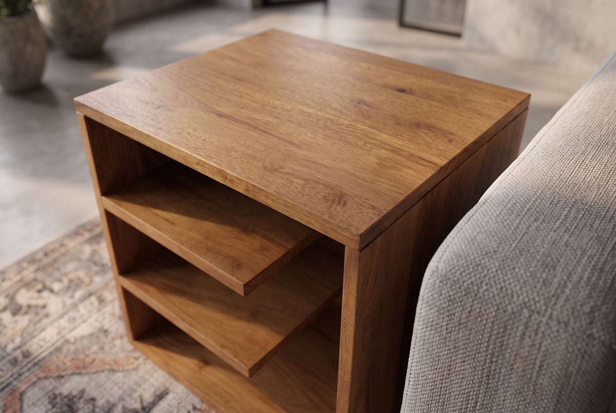 Table d’appoint massive CUBUS 45cm table de chevet étagère en manguier marron finition miel