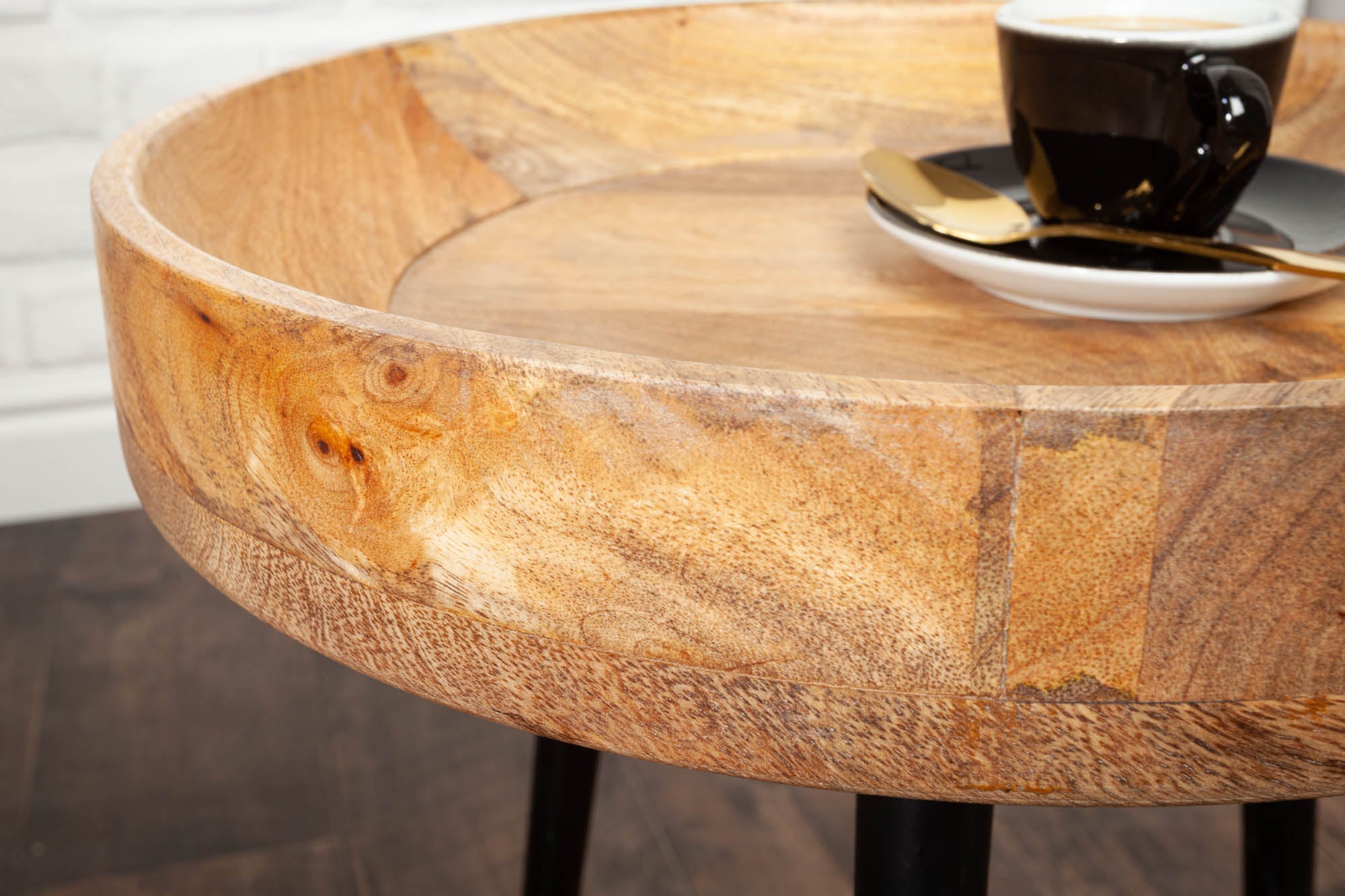 PURE NATURE Mesa auxiliar redonda de 35 cm de madera maciza de mango natural con patas de metal negro