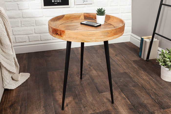 Table d'appoint massive PURE NATURE 45cm en bois de manguier naturel ronde avec pieds en métal noir