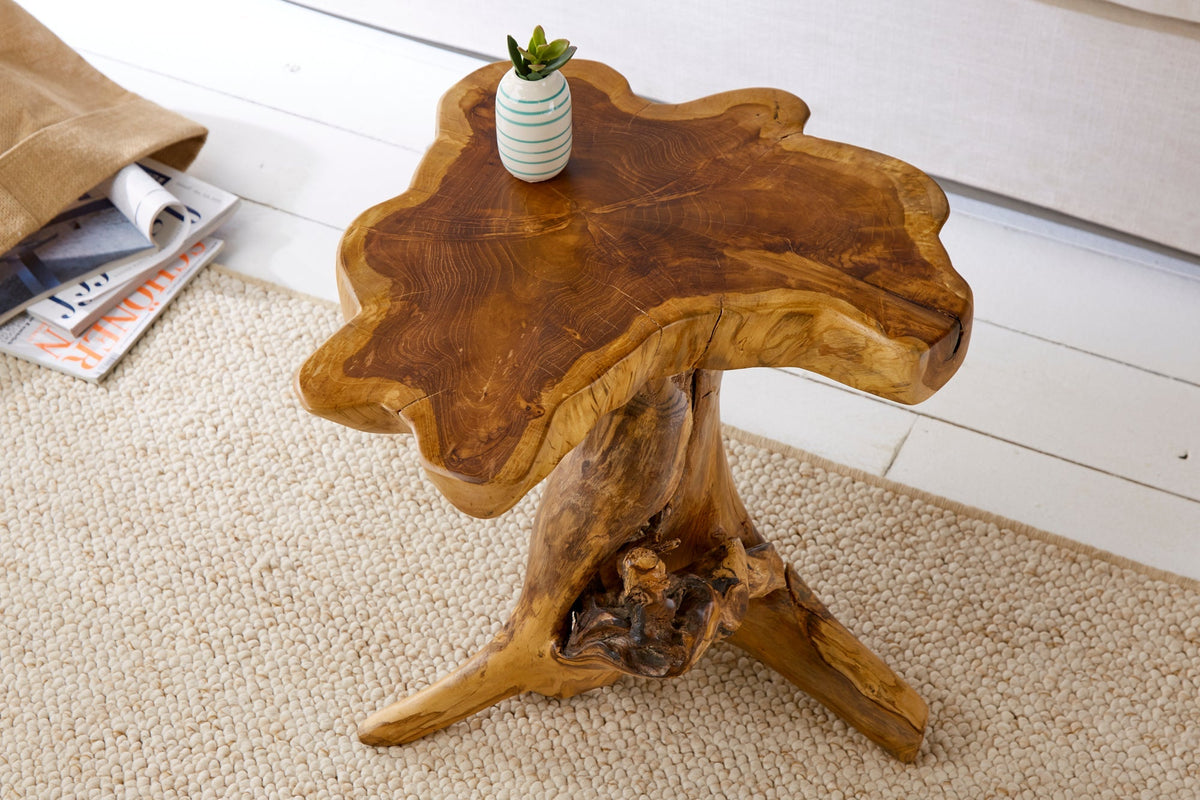Table d’appoint massive ROOT 40cm en teck avec anneaux annuels