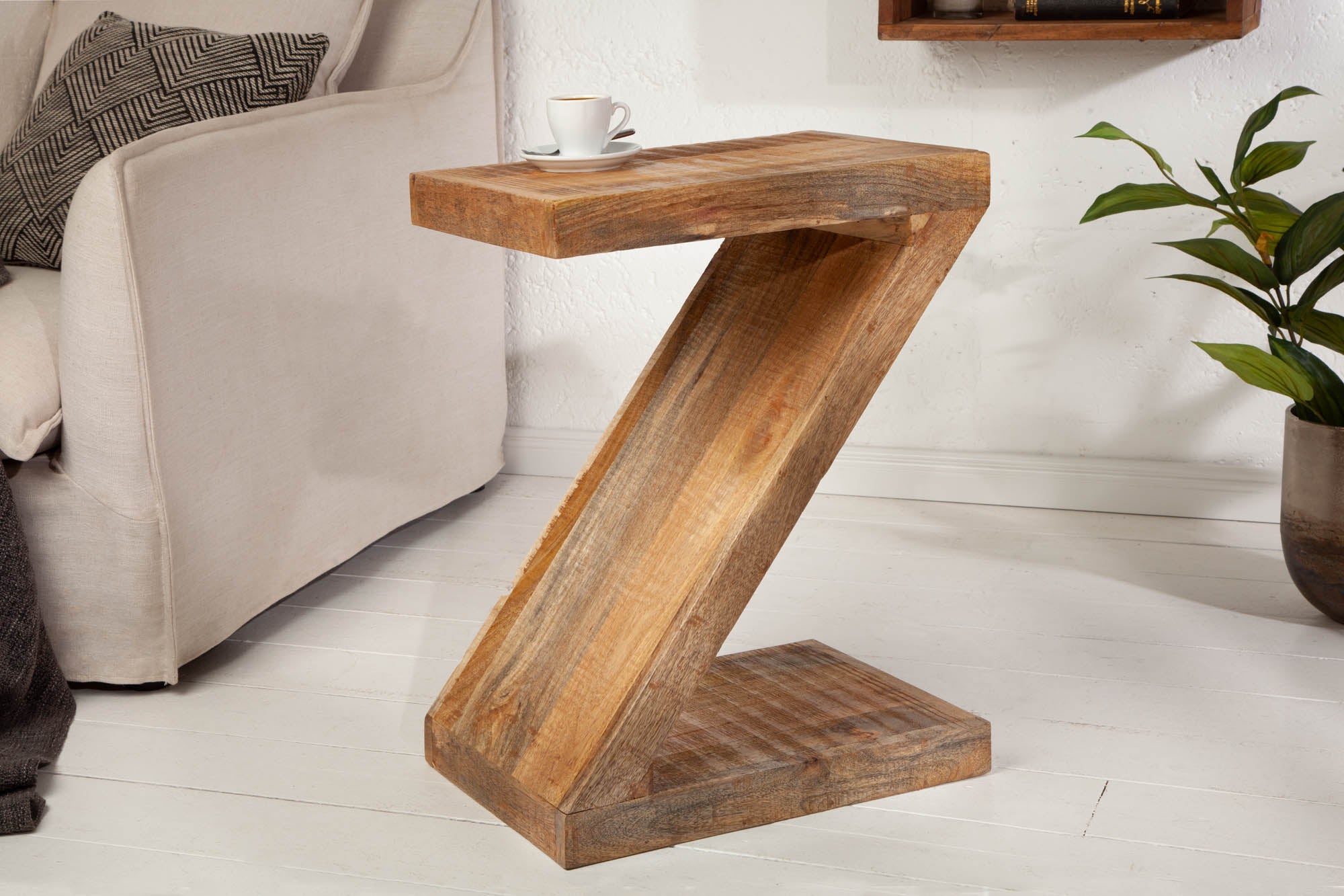 Mesa auxiliar en forma de Z de madera maciza de mango 45 cm hecha a mano