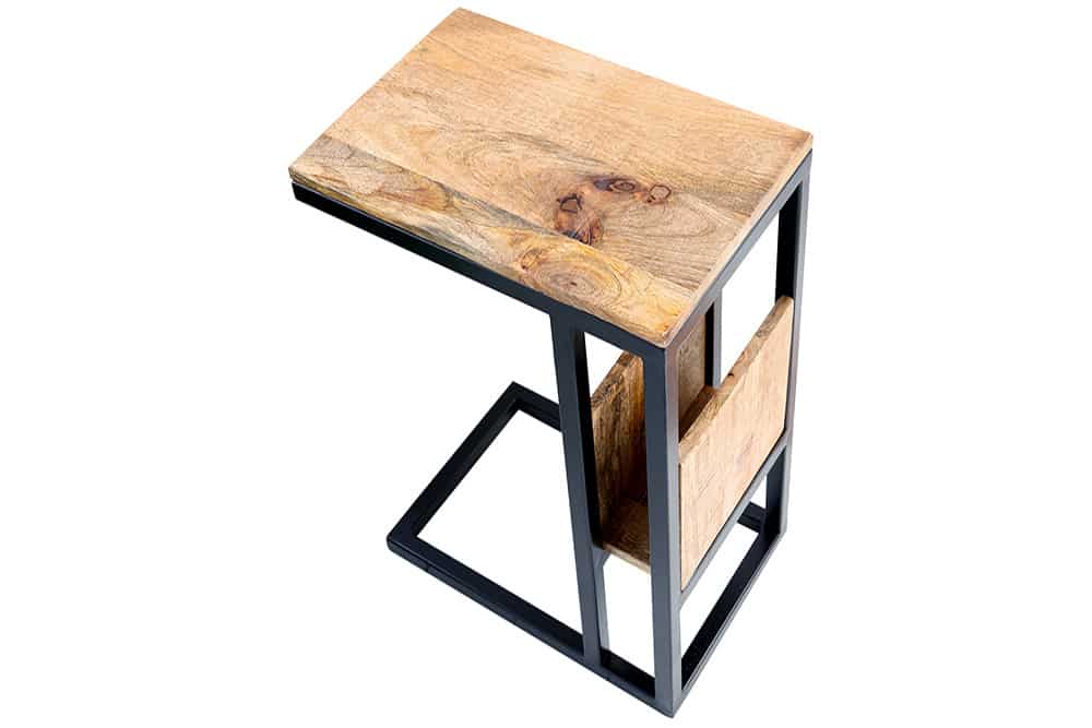 CONCIERGE Mesa auxiliar moderna de 60 cm en madera de mango natural con espacio de almacenamiento y estructura metálica